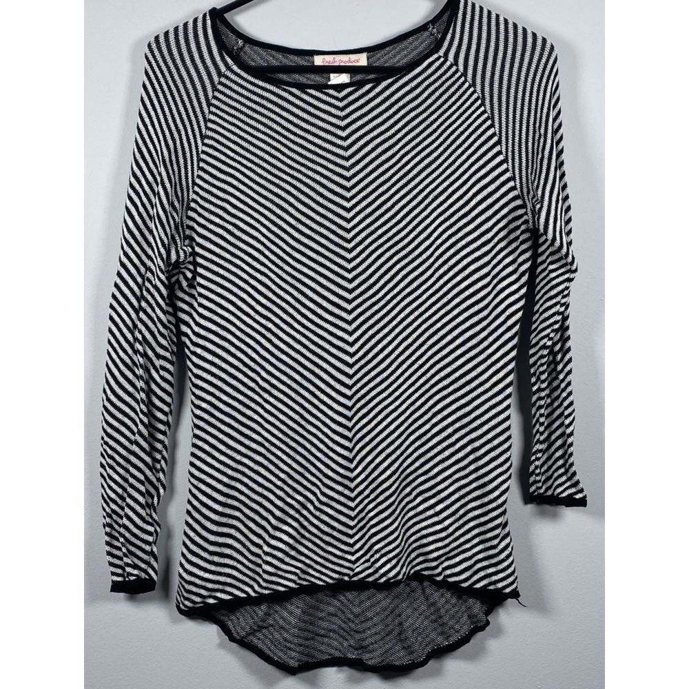 FRESH PRODUCE Women's Large Black White Striped Hi Low Top Shirt Long Sleeve